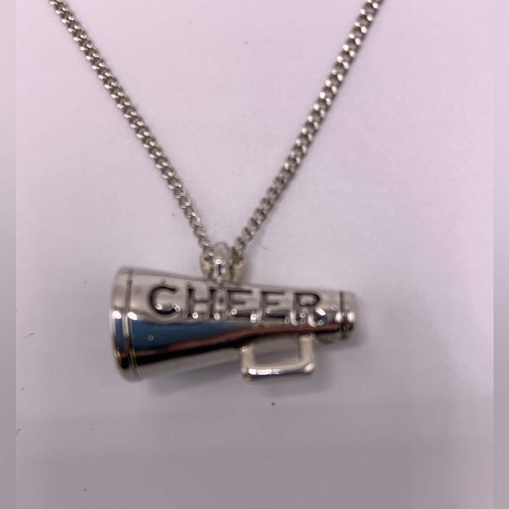 Cheerleading necklace, silver tone, 18” adjustable chain